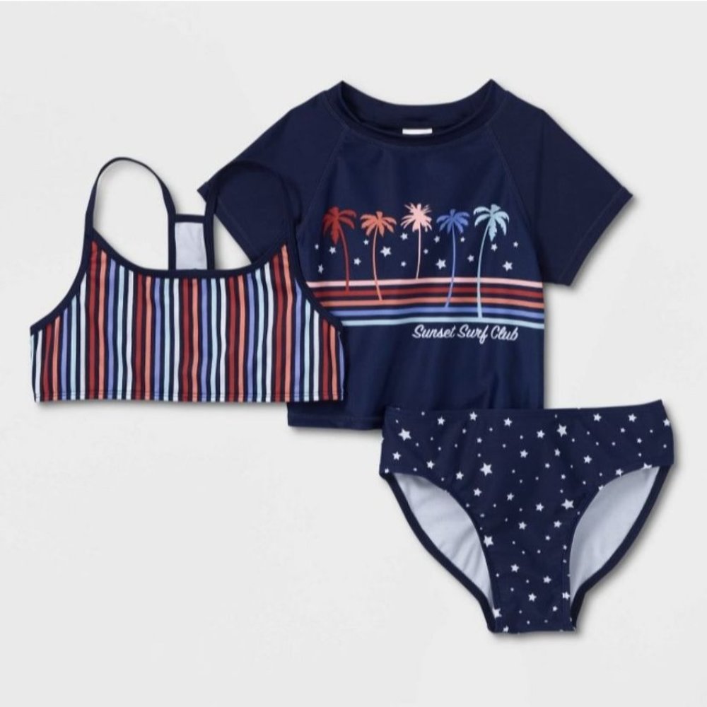 Art class Girls' 3pc Sunset Print Rash Guard Set - Size S ( 6/6X) Blue